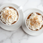 Top-down view of two mugs of Irish coffee on a clean white saucer on the white marble cooktop. The whipped cream is topped with a light dusting of nutmeg, and the hot coffee is ready to be enjoyed, with steam rising from the mugs.