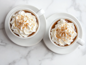 Top-down view of two mugs of Irish coffee on a clean white saucer on the white marble cooktop. The whipped cream is topped with a light dusting of nutmeg, and the hot coffee is ready to be enjoyed, with steam rising from the mugs.