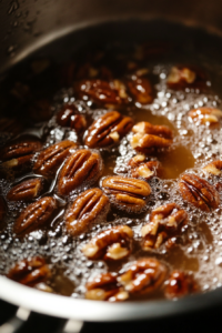 Top-down view of the bubbling sugar mixture in the saucepan as 2 cups of chopped pecans are stirred in. The mixture is thickening, and the pecans are becoming coated with the sugary syrup. The scene highlights the bubbling surface and the pecans starting to look sugary and glossy.