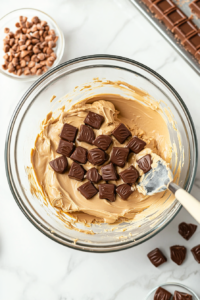 Top-down view of a mixing bowl on a white marble cooktop. Thawed Cool Whip is being folded into the peanut butter mixture with a spatula. Quartered Reese’s Minis are also folded in, creating a light and fluffy dip texture.