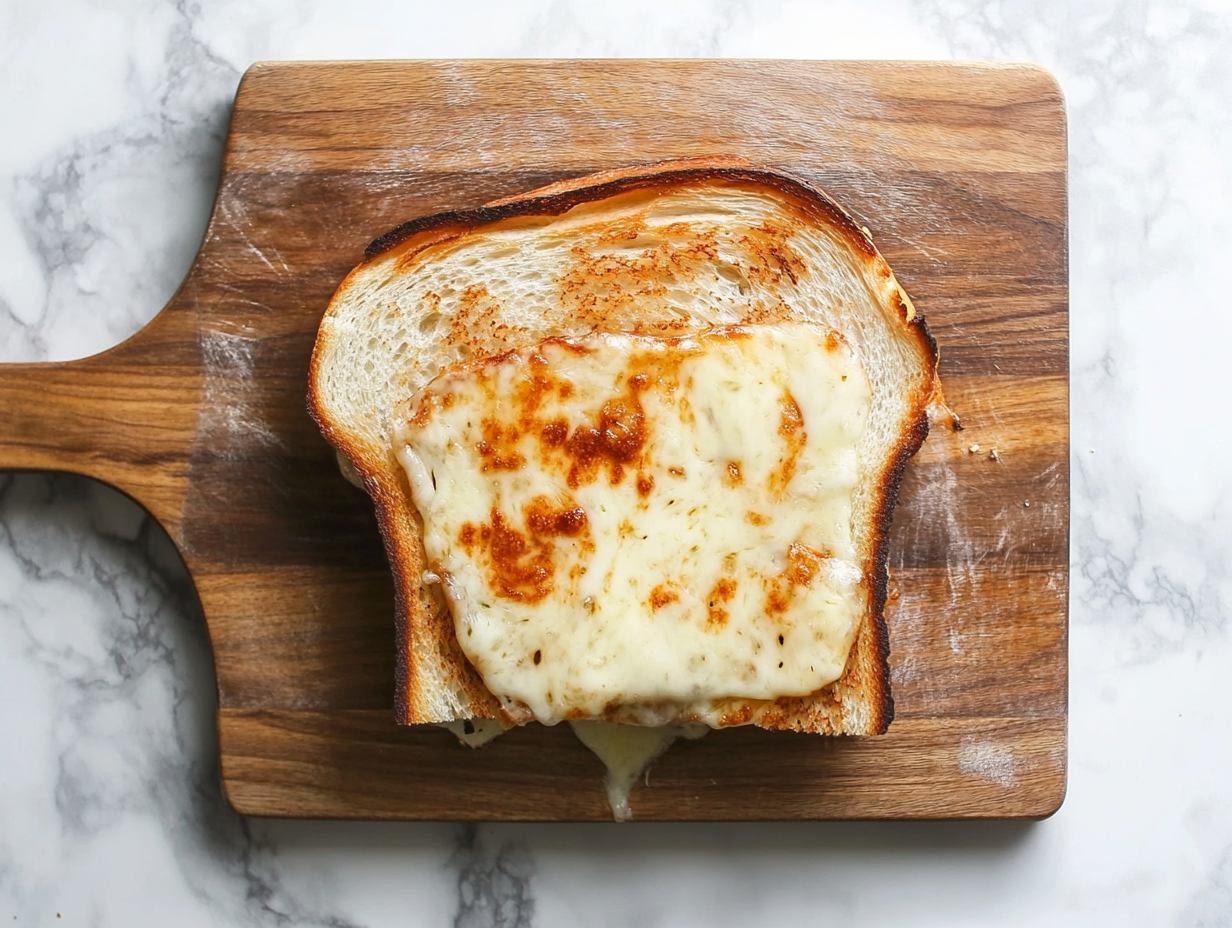 Top-down view of a fully toasted sandwich on a wooden cutting board.