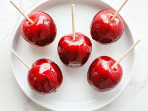 this image shows sweet candy apples ready to be served in a white plate