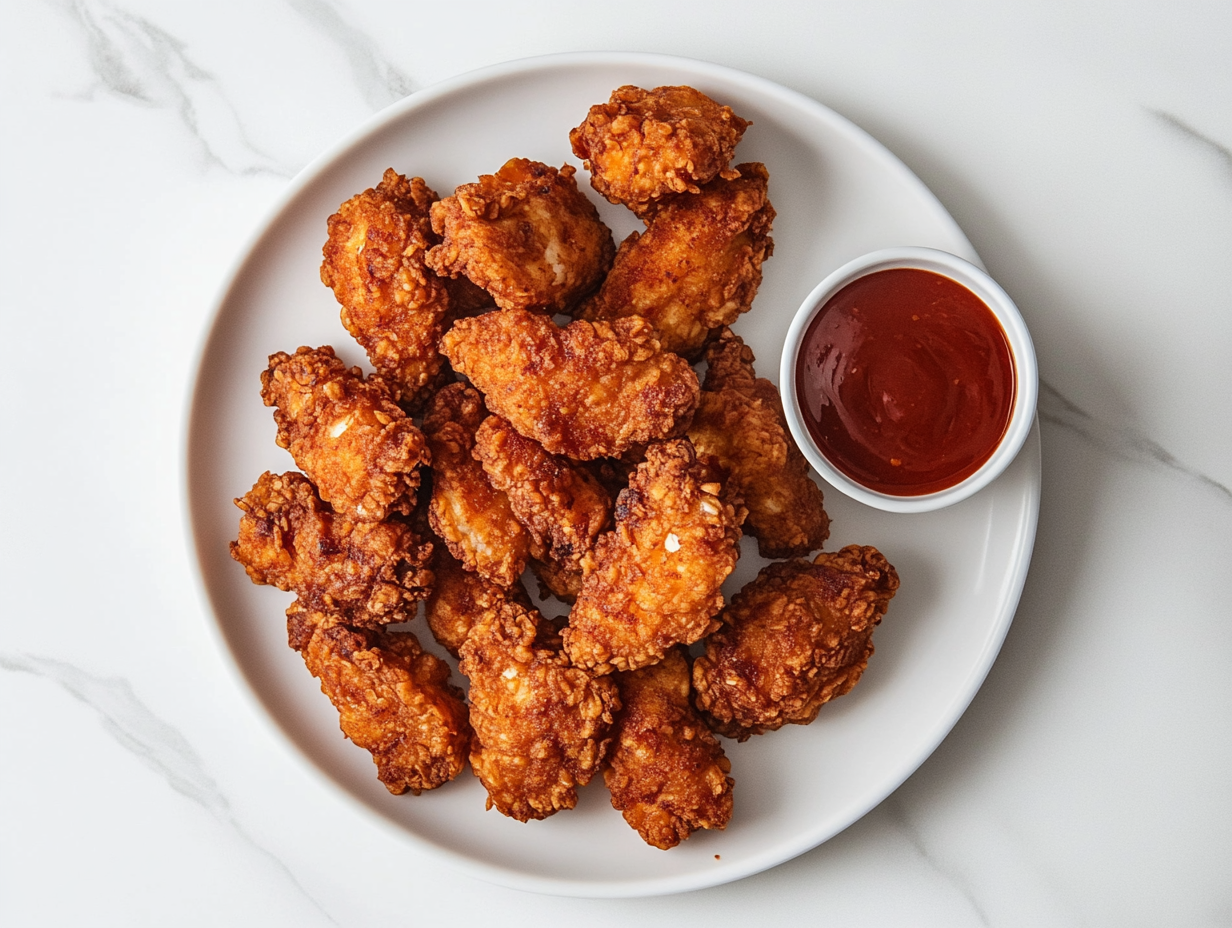 A top-down view of crispy fried jackfruit wings served on a white plate on a white marble cooktop. The golden brown jackfruit pieces are optionally drizzled with barbecue or buffalo sauce, with a small bowl of dipping sauce like ranch or blue cheese beside the plate. The scene showcases the ready-to-enjoy dish.