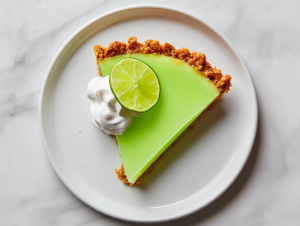 Top-down view of a slice of lime Jello pie on a white plate. The slice reveals the creamy filling in the graham cracker crust, topped with whipped topping and a thin slice of lime, ready to be enjoyed.