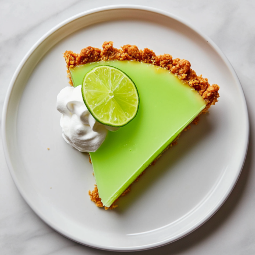 Top-down view of a slice of lime Jello pie on a white plate. The slice reveals the creamy filling in the graham cracker crust, topped with whipped topping and a thin slice of lime, ready to be enjoyed.