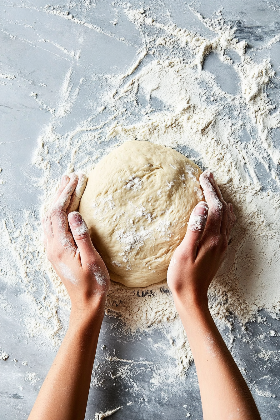 Top-down view of dough being kneaded by hand on a floured surface, focusing on its smooth and elastic texture.