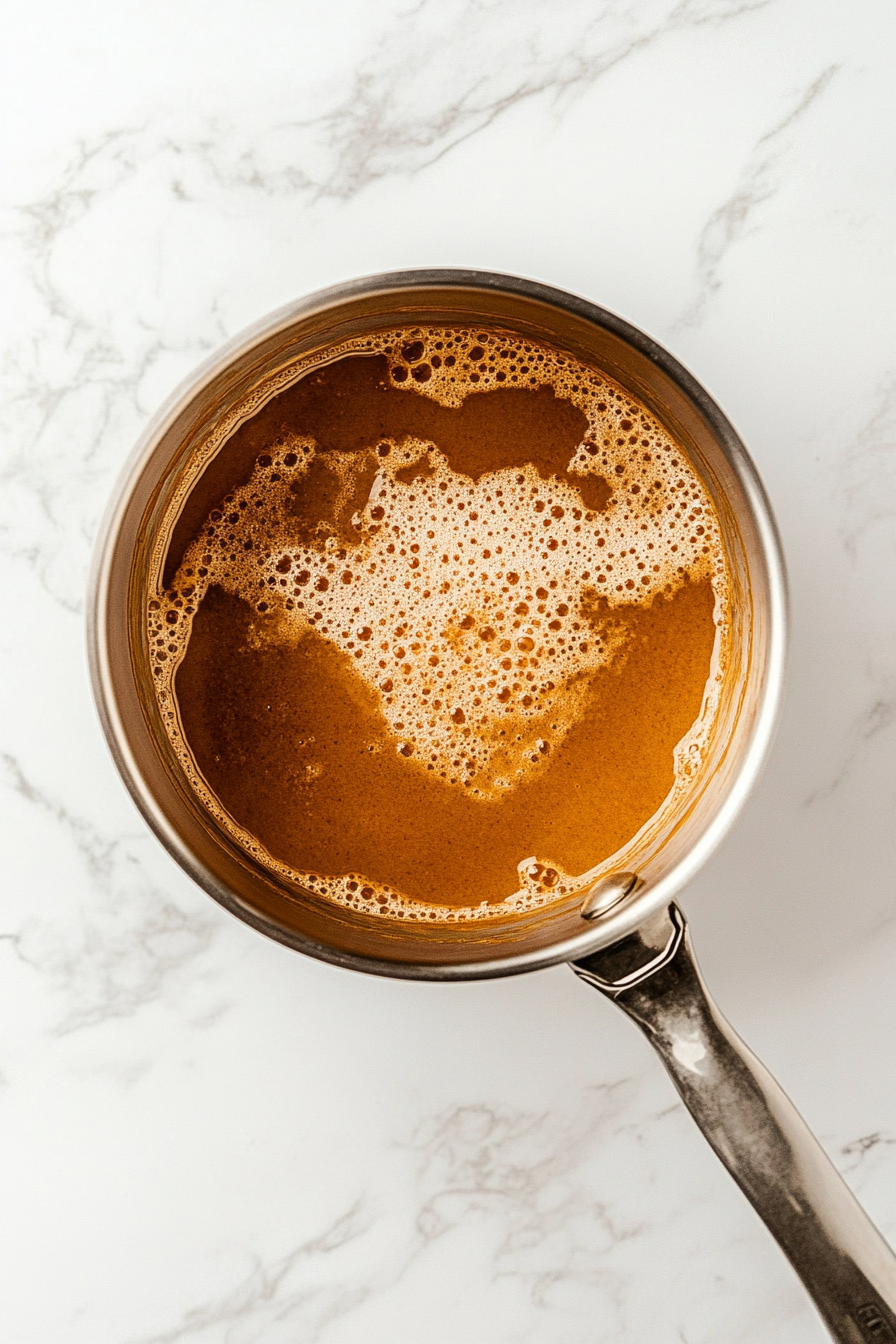 Top-down view of a large saucepan on a white marble cooktop. Inside the pan, 1 cup of brown sugar, 1 cup of white sugar, ⅓ cup of water, and 1 tablespoon of butter are being stirred together over medium heat. The mixture is coming to a rapid boil, creating a smooth, bubbling syrup.