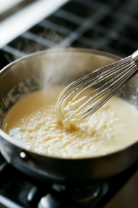 Top-down view of a saucepan with 2 cups of milk being gradually poured into the butter and flour roux. A whisk is stirring constantly to create a smooth, creamy mixture as the sauce begins to thicken over medium heat.