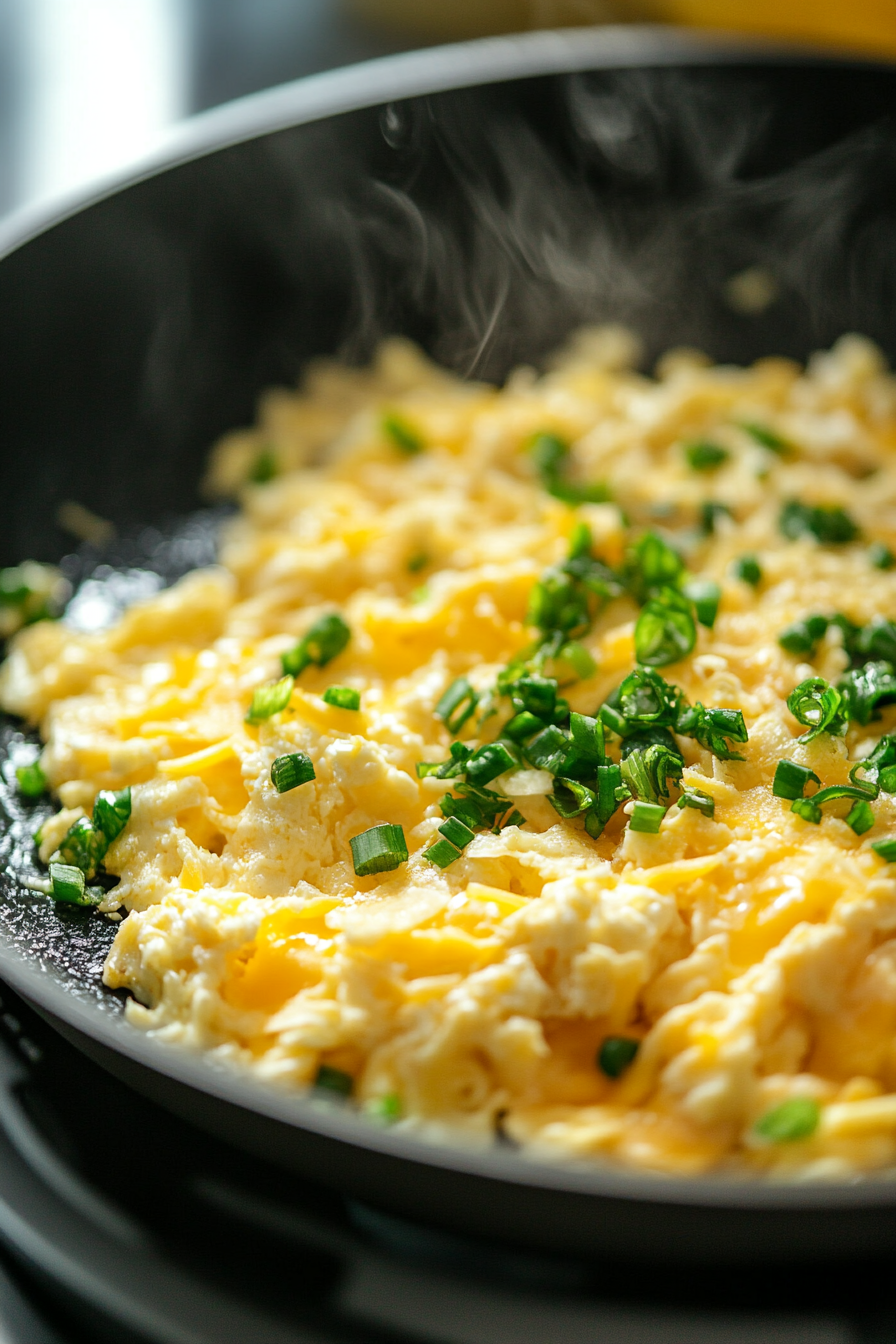 Top-down view of the skillet with ½ cup of shredded Monterey Jack cheese sprinkled on top of the cooked egg and tortilla mixture. The cheese is melting into the hot migas, creating a creamy, cheesy topping. The scene focuses on the gooey, melted cheese blending into the mixture.