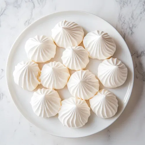 Top-down view of baked meringue cookies served on a plate, with some stored in an airtight container beside them.