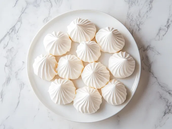 Top-down view of baked meringue cookies served on a plate, with some stored in an airtight container beside them.