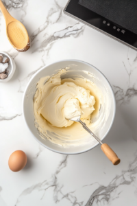 Top-down view of a mixing bowl on a white marble countertop. Inside the bowl, cream cheese, sugar, an egg, and vanilla extract are being mixed together until smooth and creamy.