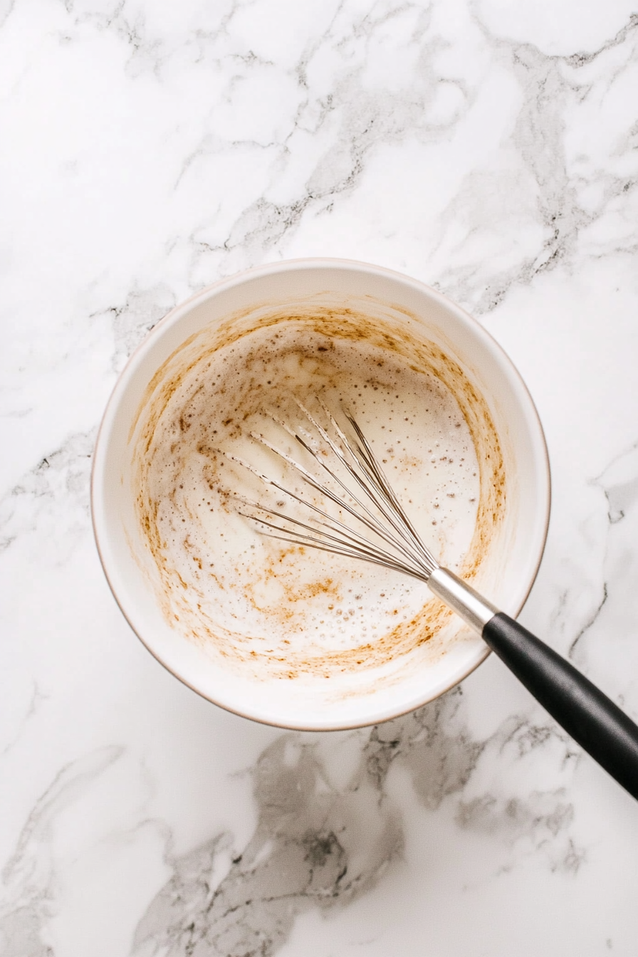 Top-down view of a medium mixing bowl on a white marble countertop. Milk, sugar, beaten eggs, cinnamon, and vanilla are being whisked together into a smooth custard mixture.