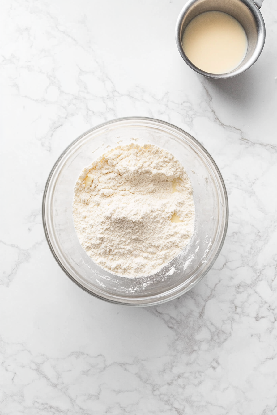 Top-down view of flour, sugar, and salt being mixed in a large bowl with a saucepan of milk and butter cooling beside it, ready for yeast to be added.