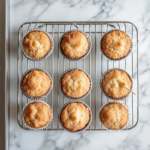 A top-down view of the baked muffins cooling slightly in the muffin tin on a wire rack placed on a clean kitchen countertop with a white marble cooktop background. A toothpick inserted into one muffin comes out clean, and steam is gently rising from the muffins, which are ready to be served.