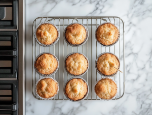 A top-down view of the baked muffins cooling slightly in the muffin tin on a wire rack placed on a clean kitchen countertop with a white marble cooktop background. A toothpick inserted into one muffin comes out clean, and steam is gently rising from the muffins, which are ready to be served.