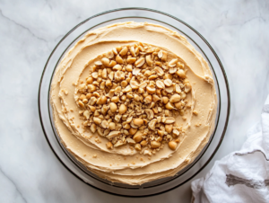 Top-down view of a fully frosted peanut butter cake being garnished with chopped peanuts, adding texture and visual appeal.