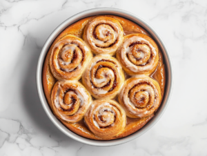 Top-down view of peanut butter and jelly rolls in a pan, with a vanilla glaze being drizzled over the slightly cooled rolls, creating a glossy finish.