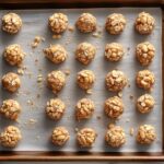 Top-down view of a baking sheet with peanut clusters in the refrigerator. The clusters are setting and hardening, chilling for 30 to 45 minutes to become firm and ready to serve.