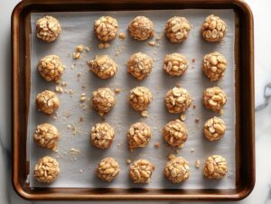 Top-down view of a baking sheet with peanut clusters in the refrigerator. The clusters are setting and hardening, chilling for 30 to 45 minutes to become firm and ready to serve.