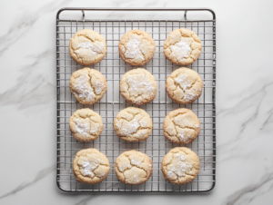 Top-down view of cooled cookies on a wire rack being rolled in confectioners' sugar again for a sweet finish.