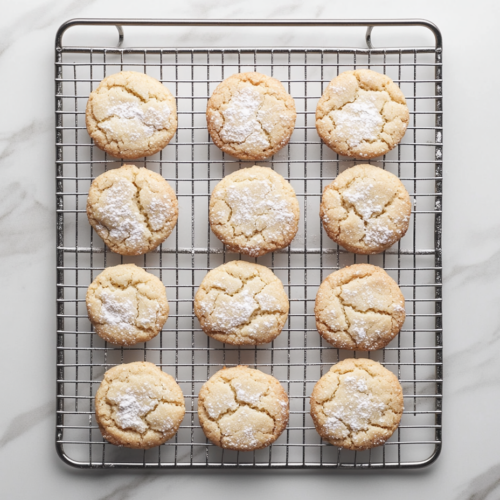 Top-down view of cooled cookies on a wire rack being rolled in confectioners' sugar again for a sweet finish.