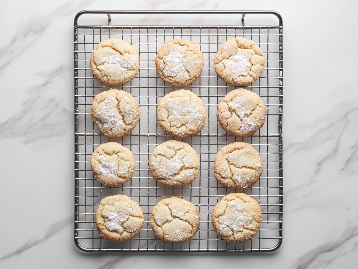 Top-down view of cooled cookies on a wire rack being rolled in confectioners' sugar again for a sweet finish.