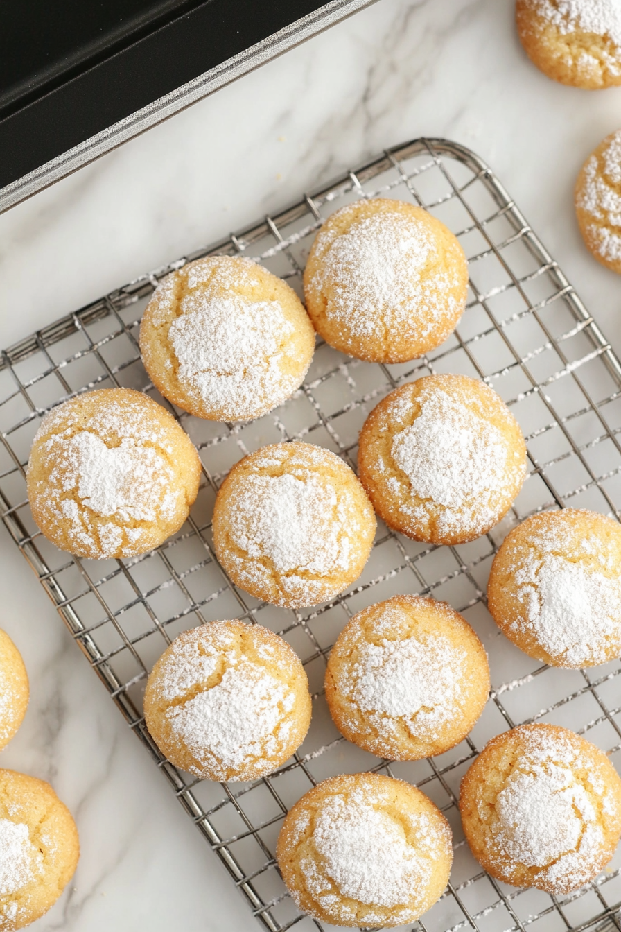 Top-down view of cooled cookies on a wire rack being rolled in confectioners' sugar again for a sweet finish.