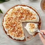 A top-down view of the chilled pie being served. The pie is topped with Reddi-wip and toasted coconut, adding a decorative touch. A slice is being lifted from the pie, showing the creamy filling and crumbly graham cracker crust. The scene focuses on the final presentation, ready to be enjoyed.