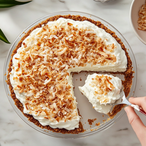 A top-down view of the chilled pie being served. The pie is topped with Reddi-wip and toasted coconut, adding a decorative touch. A slice is being lifted from the pie, showing the creamy filling and crumbly graham cracker crust. The scene focuses on the final presentation, ready to be enjoyed.