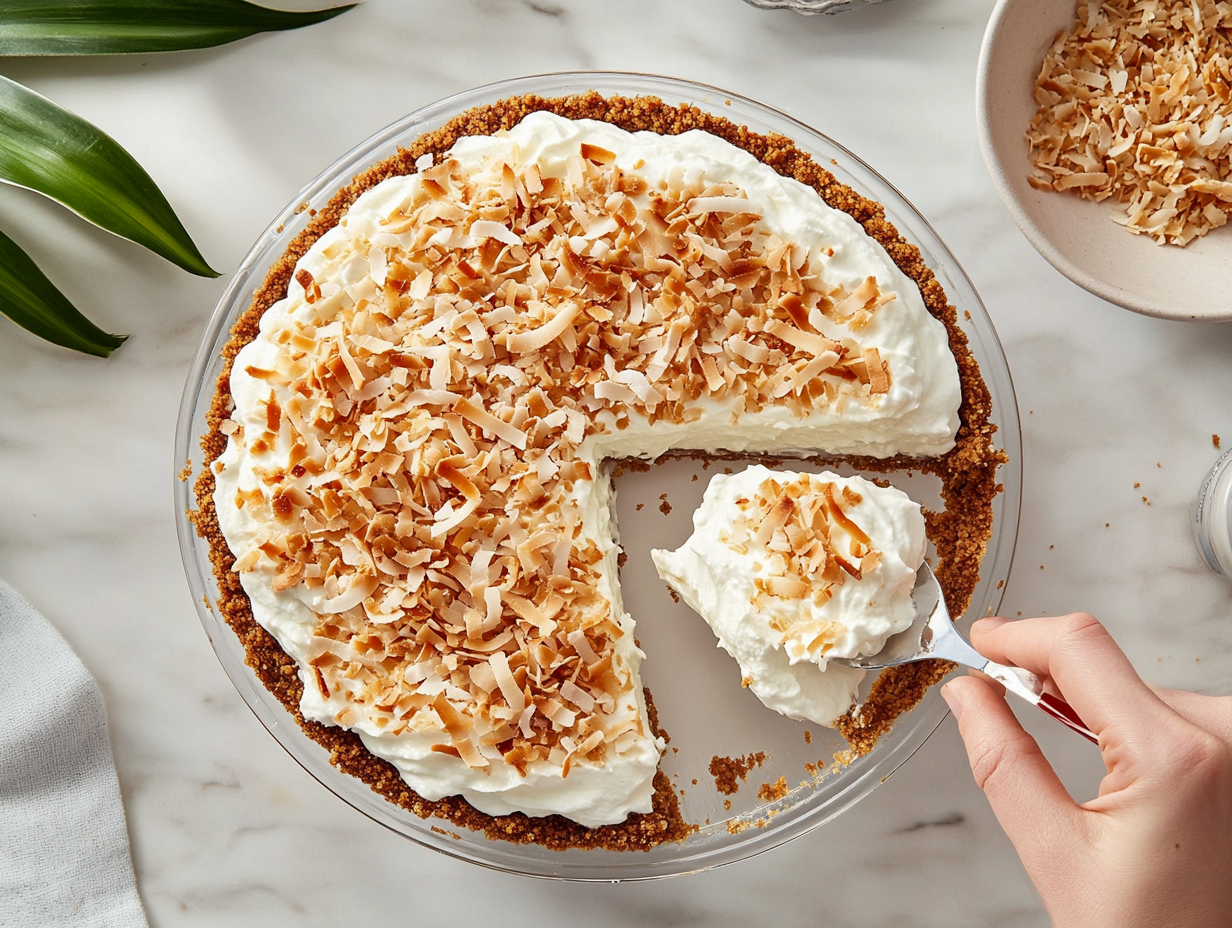 A top-down view of the chilled pie being served. The pie is topped with Reddi-wip and toasted coconut, adding a decorative touch. A slice is being lifted from the pie, showing the creamy filling and crumbly graham cracker crust. The scene focuses on the final presentation, ready to be enjoyed.