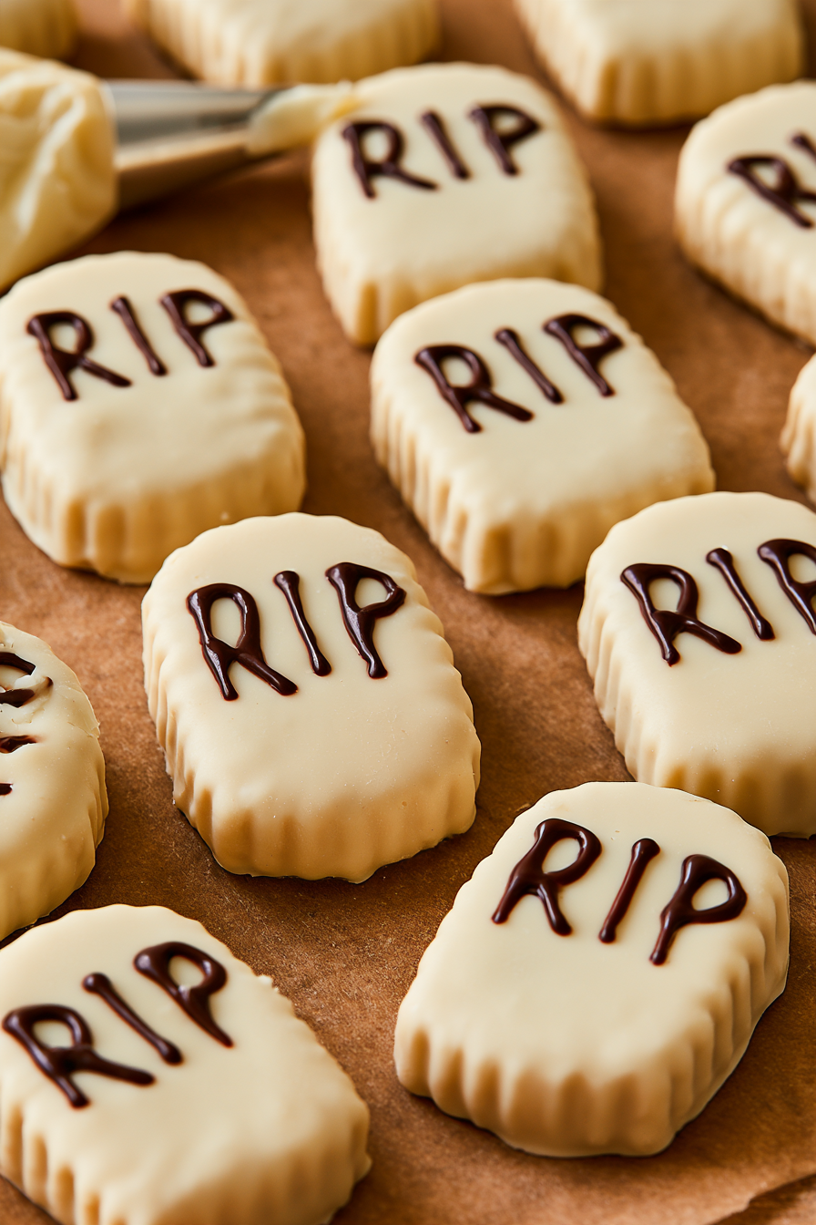 pipe “RIP” onto each white chocolate-dipped Nutter Butter