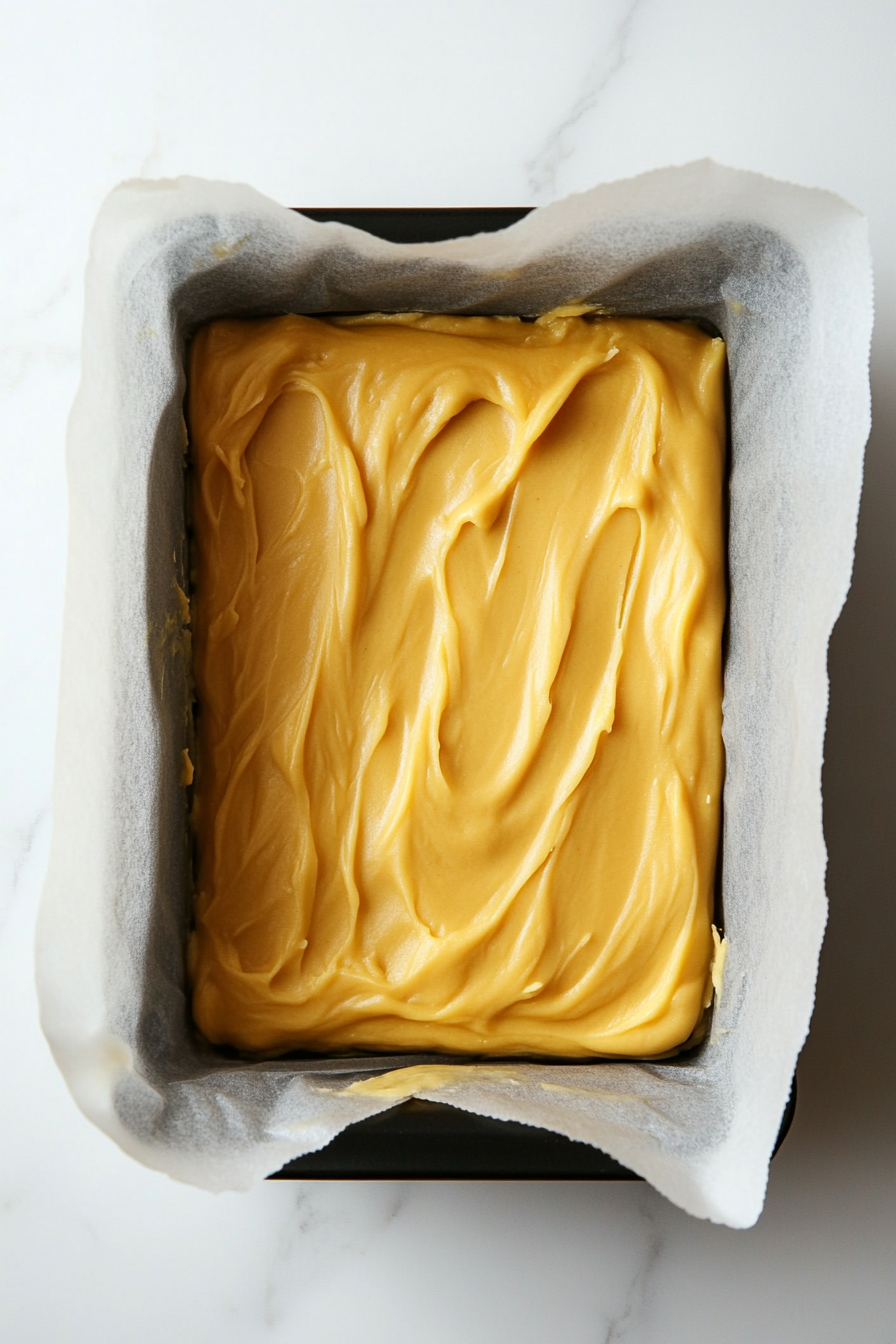 Top-down view of a 9x5-inch loaf pan lined with parchment paper, with the melted yellow fudge being evenly spread. The smooth, glossy surface is ready to be placed in the refrigerator for chilling.