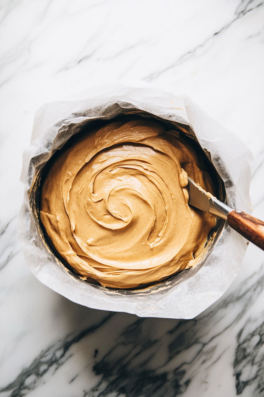 Top-down view of three 6-inch cake pans lined with parchment paper, filled evenly with peanut butter cake batter, ready for baking.