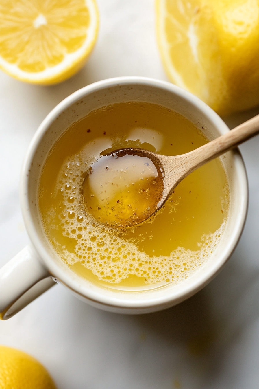 This image shows hot water being poured into the warm lemonade, and a tablespoon of honey being stirred in with a spoon to prepare the base for the Medicine Ball Tea.