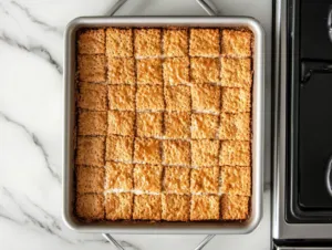 Top-down view of the baking pan with the toffee-coated graham crackers in the oven, bubbling and turning golden brown as they bake.