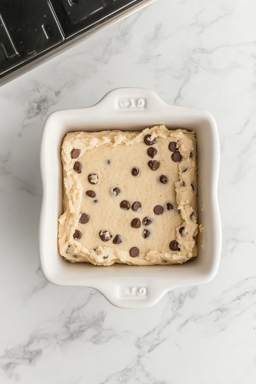 Top-down view of a greased 9x9-inch baking dish on a white marble countertop. Half of a 16 oz tube of refrigerated chocolate chip cookie dough is being pressed evenly across the bottom, forming a smooth layer.