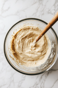 Top-down view of a large mixing bowl on a white marble cooktop. Inside the bowl, softened butter, cream cheese, and powdered sugar are being creamed together with an electric mixer, forming a light and fluffy mixture.