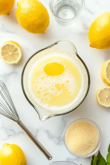 Top-down view of a 1-gallon pitcher with freshly squeezed lemon juice, cold water, and granulated sugar being whisked together until fully dissolved on a white marble surface.