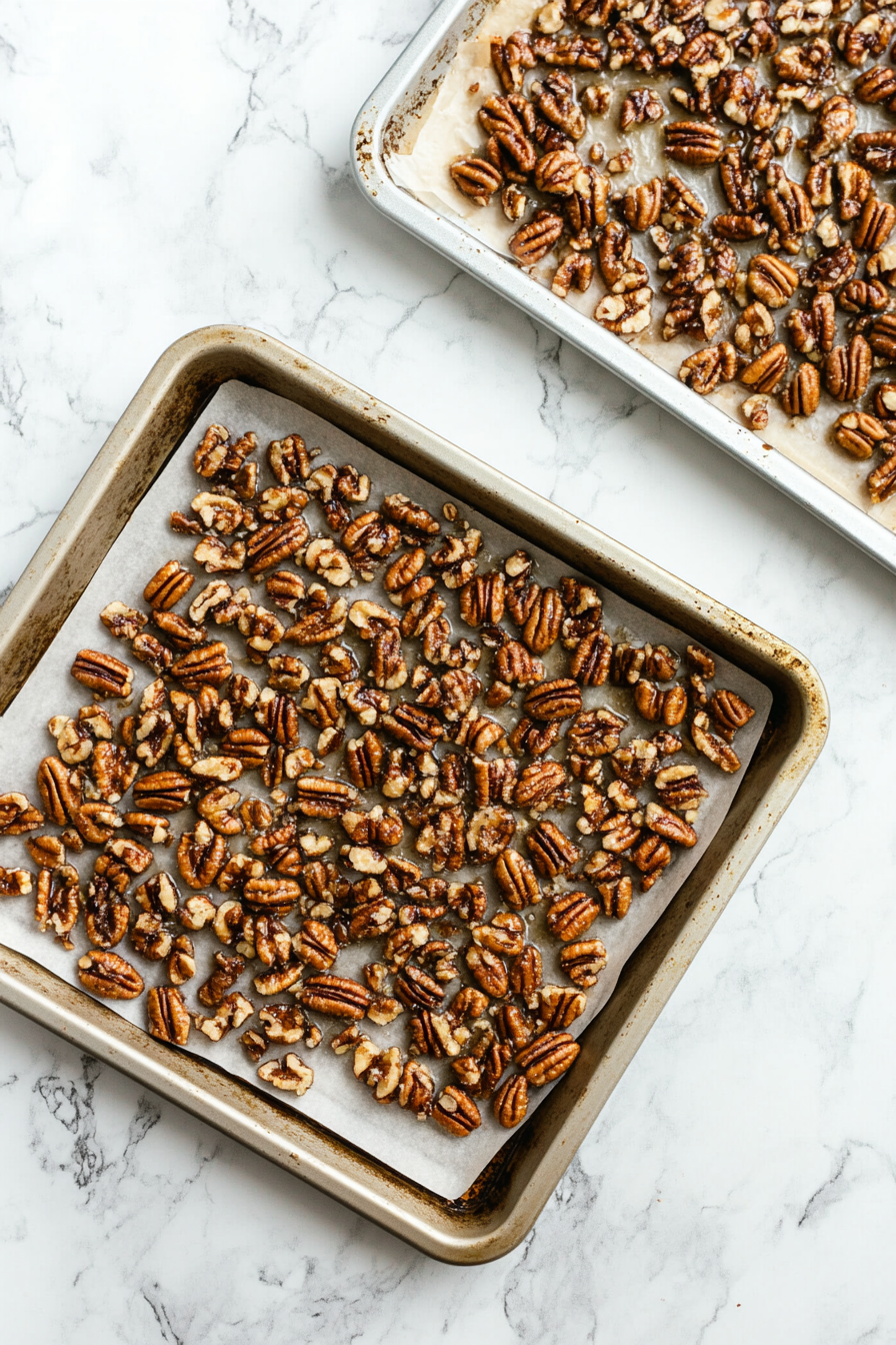 Top-down view of two baking sheets on a white marble cooktop. One sheet is generously buttered, and the other is lined with parchment paper. The scene focuses on the prepared sheets, ready for the candied pecan mixture to be dropped onto them.