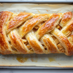 Top-down view of the baked puff pastry braid cooling on the baking sheet. It is golden brown and crisp, being sliced into portions, with flaky layers and apple filling visible inside.