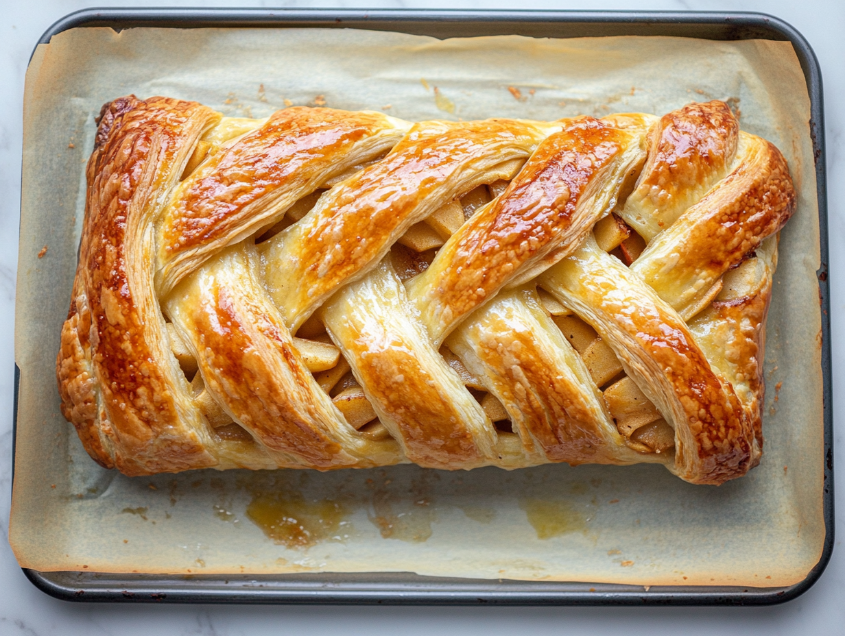 Top-down view of the baked puff pastry braid cooling on the baking sheet. It is golden brown and crisp, being sliced into portions, with flaky layers and apple filling visible inside.