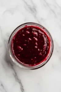 Top-down view of the thickened raspberry sauce being transferred into a heat-safe container. The sauce is glossy and smooth, showing off the rich color of the raspberries before cooling down to room temperature.