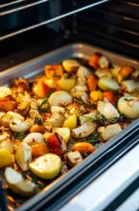 The vegetables roasting in the oven, with a light stir halfway through for even browning, turning golden and caramelized.