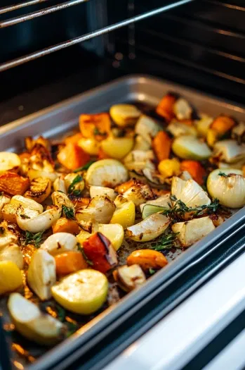 The vegetables roasting in the oven, with a light stir halfway through for even browning, turning golden and caramelized.