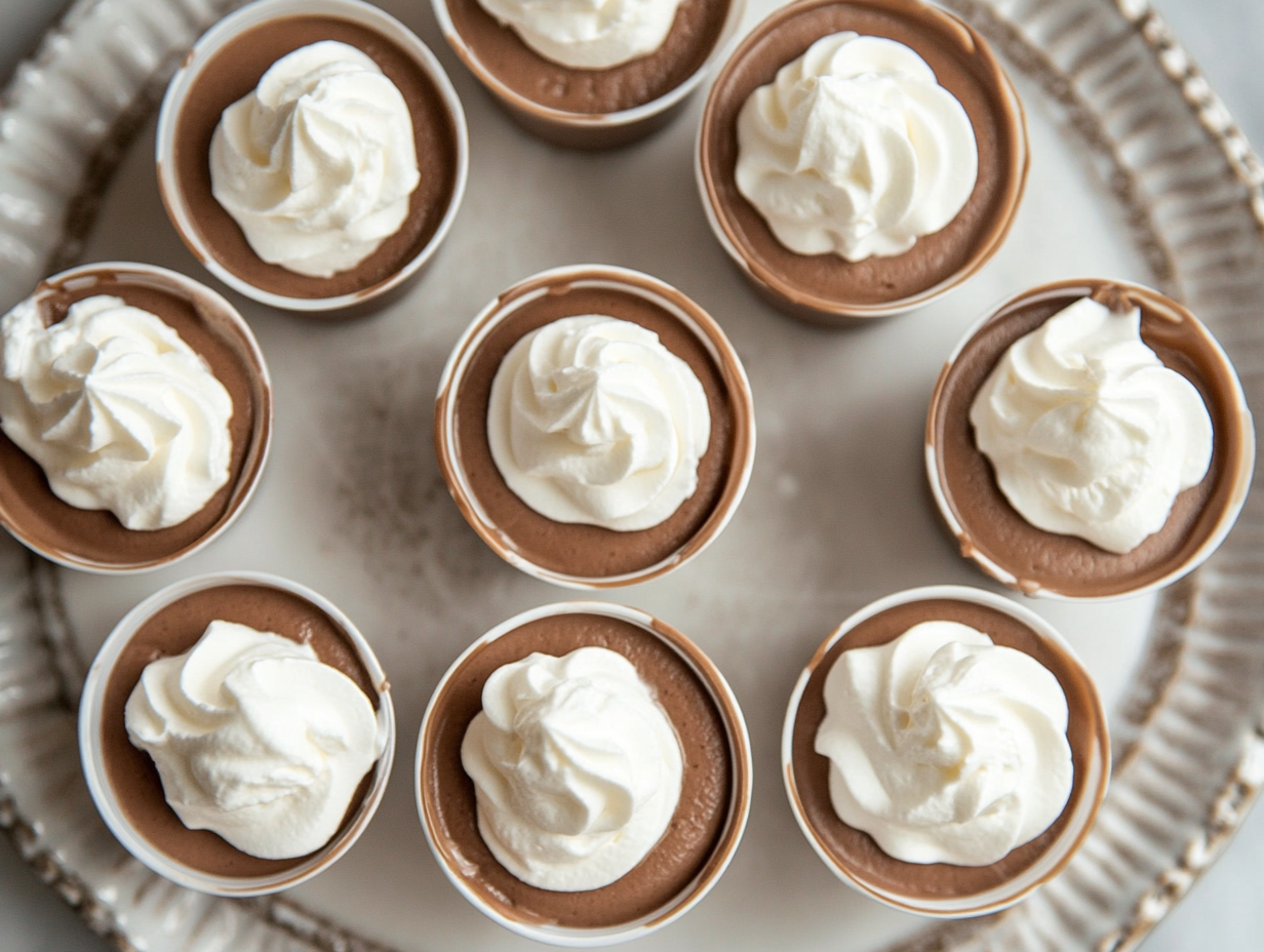 A top-down view of the frozen dessert shots served chilled on a plate. The shot cups are cold and firm, with the creamy pudding mixture set inside. The scene is simple, highlighting the fun presentation of the dessert shots, ready to be served as a chilled, indulgent treat.