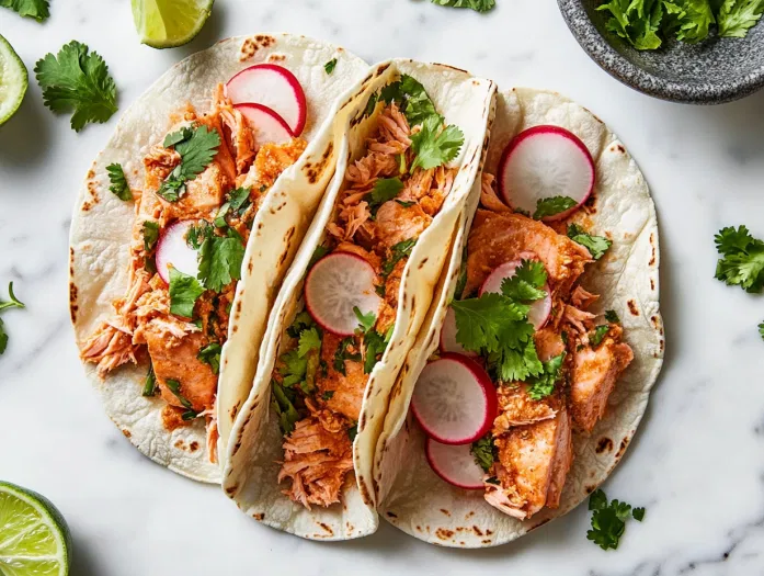 Top-down view of the assembled salmon tacos garnished with fresh cilantro, sliced radishes, and lime wedges, ready to be served.