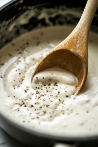 Top-down view of a saucepan with sugar, salt, and pepper being stirred into the smooth, creamy sauce. The sauce is slightly sweet and silky, ready to coat the corn. The scene captures the simple act of seasoning to taste.