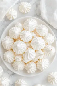 Top-down view of baked meringue cookies served on a plate, with some stored in an airtight container beside them.