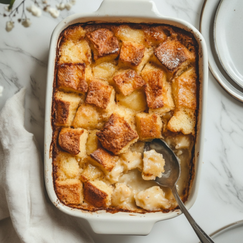 Top-down view of the finished bread pudding in a baking pan on a white marble countertop. A serving spoon scoops out a portion onto a plate, showcasing the golden-brown and moist texture.